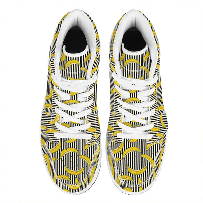Black Striped Banana Pattern Print High Top Leather Sneakers