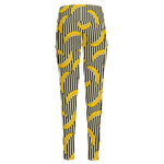 Black Striped Banana Pattern Print High-Waisted Pocket Leggings