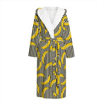 Black Striped Banana Pattern Print Hooded Bathrobe