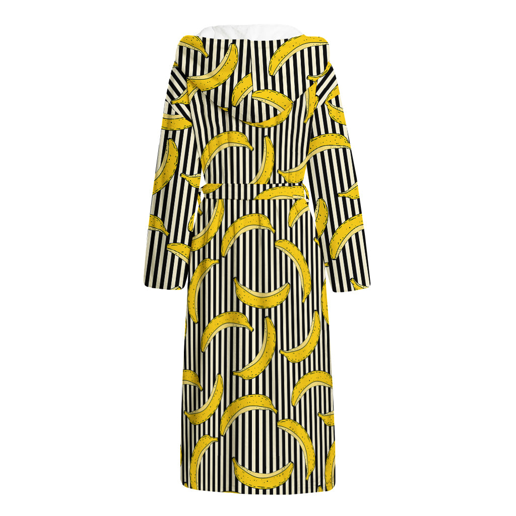 Black Striped Banana Pattern Print Hooded Bathrobe