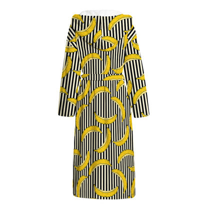 Black Striped Banana Pattern Print Hooded Bathrobe