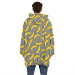Black Striped Banana Pattern Print Hoodie Blanket