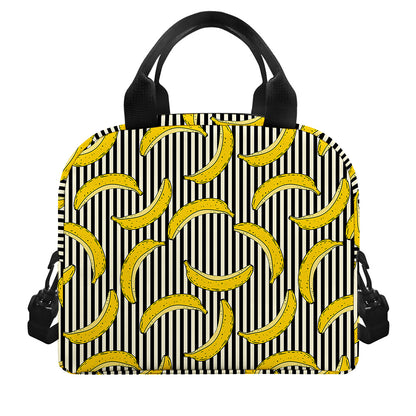 Black Striped Banana Pattern Print Insulated Lunch Bag