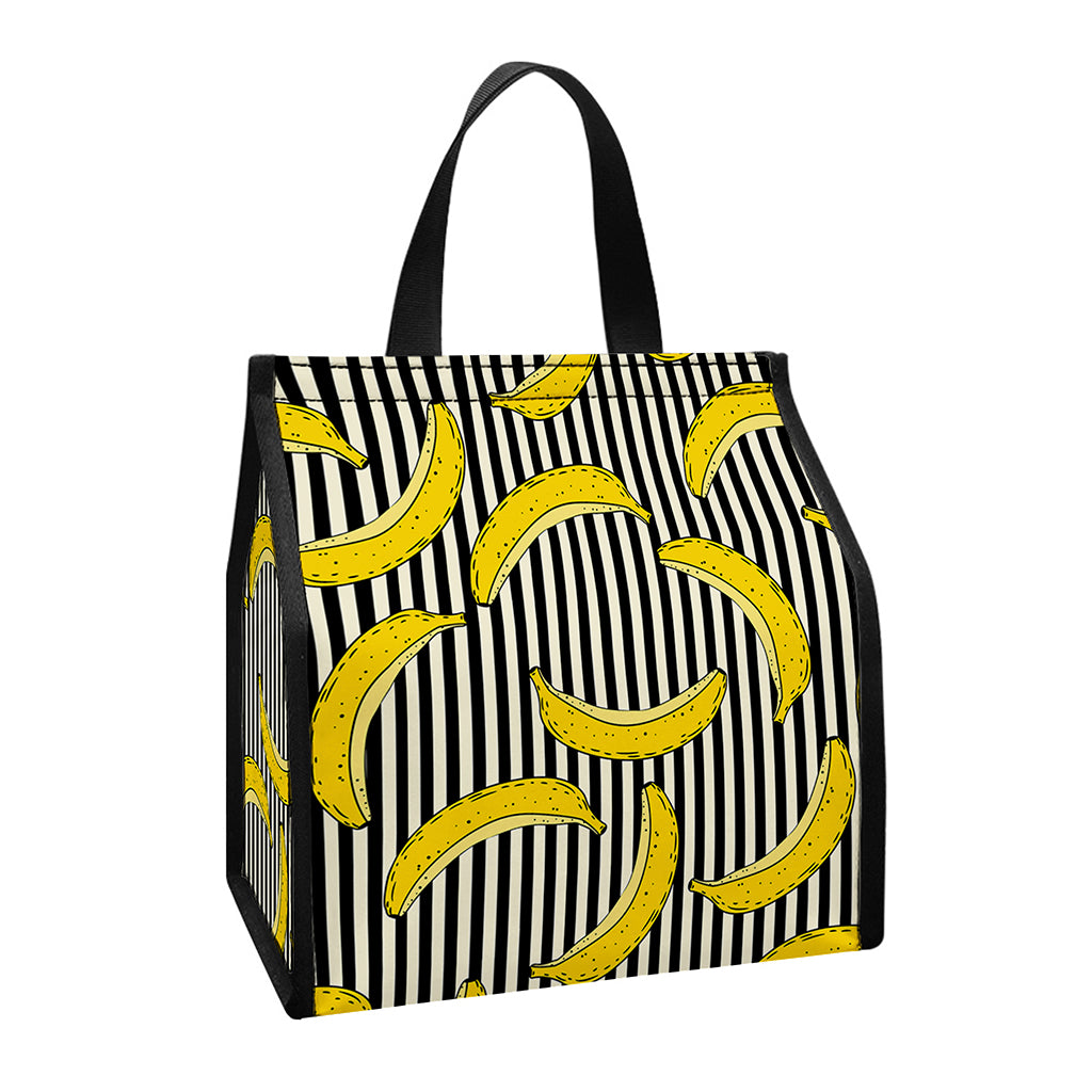Black Striped Banana Pattern Print Insulated Lunch Tote