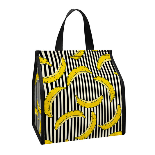 Black Striped Banana Pattern Print Insulated Lunch Tote