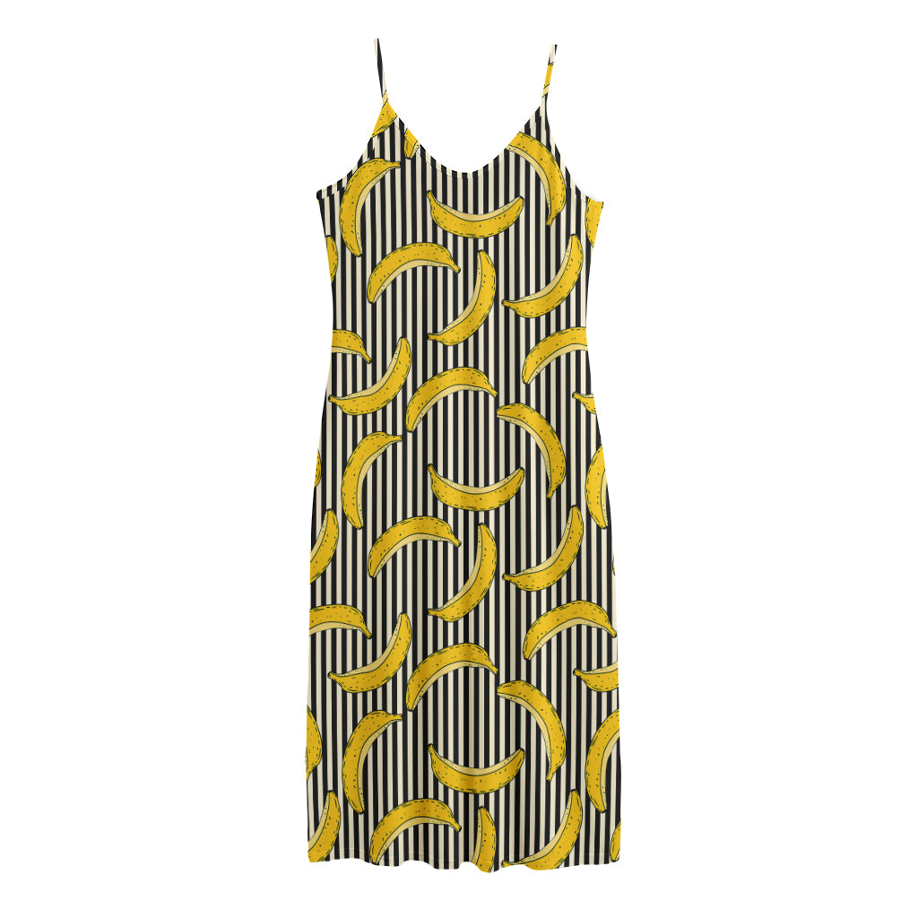 Black Striped Banana Pattern Print Jersey Midi Cami Dress