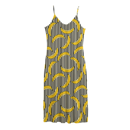 Black Striped Banana Pattern Print Jersey Midi Cami Dress