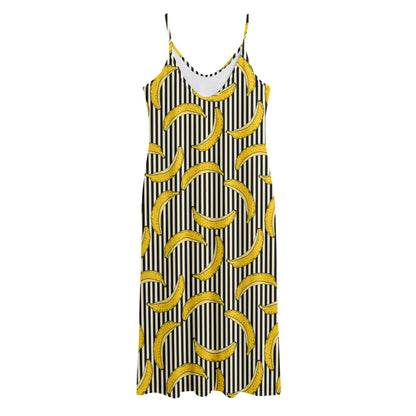 Black Striped Banana Pattern Print Jersey Midi Cami Dress