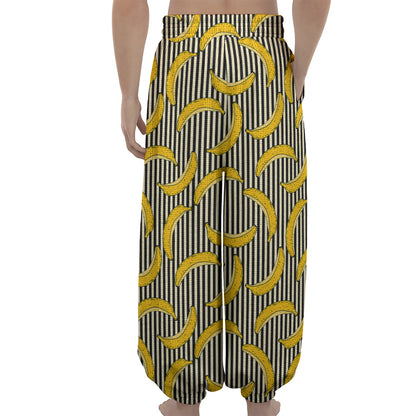 Black Striped Banana Pattern Print Lantern Pants