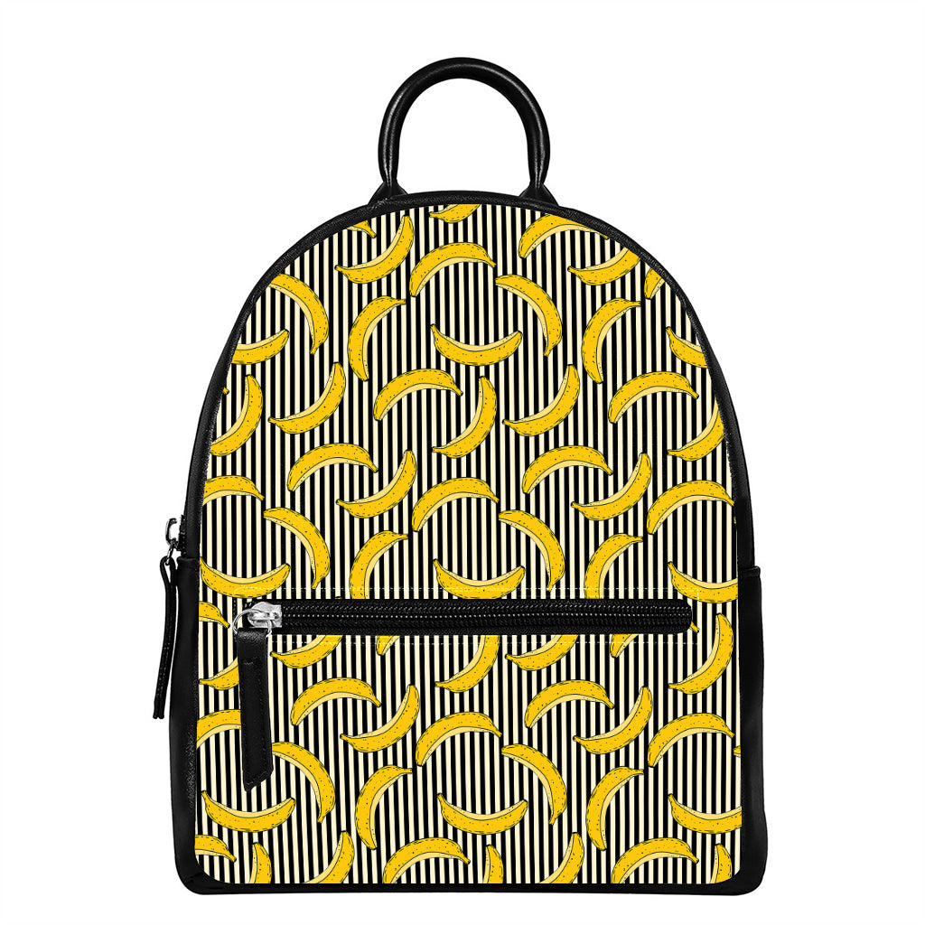 Black Striped Banana Pattern Print Leather Backpack