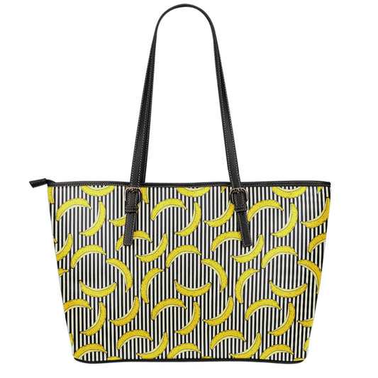 Black Striped Banana Pattern Print Leather Tote Bag