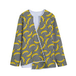 Black Striped Banana Pattern Print Long Sleeve Short Coat