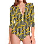 Black Striped Banana Pattern Print Long Sleeve Swimsuit
