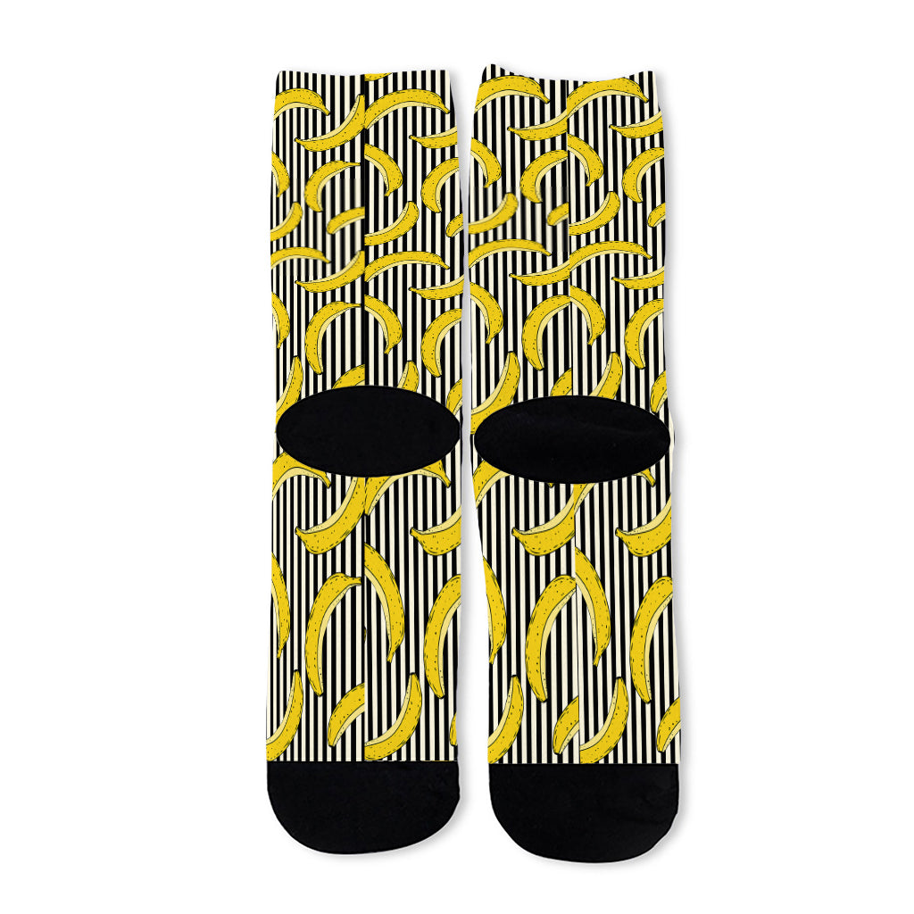 Black Striped Banana Pattern Print Long Socks