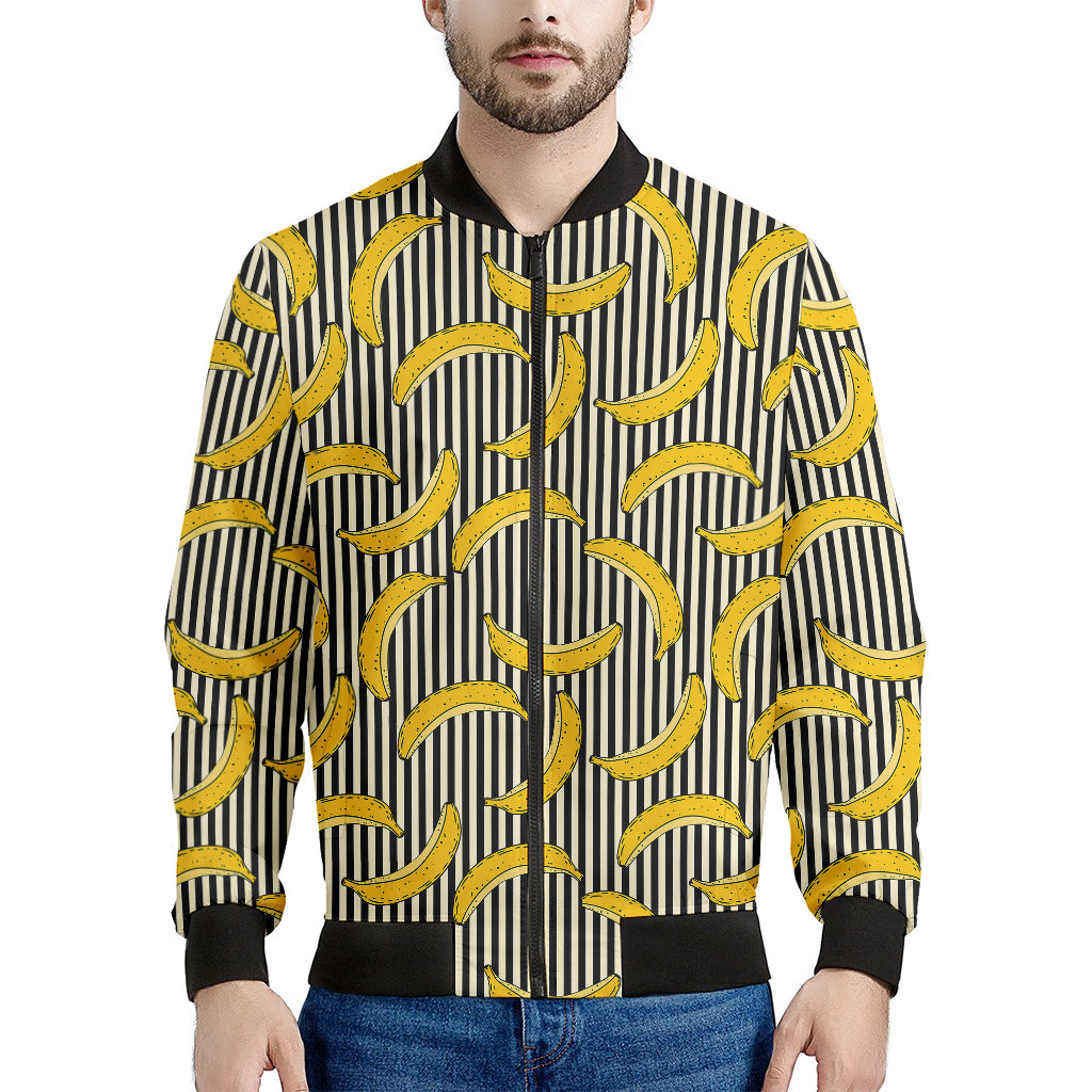 Black Striped Banana Pattern Print Men's Bomber Jacket