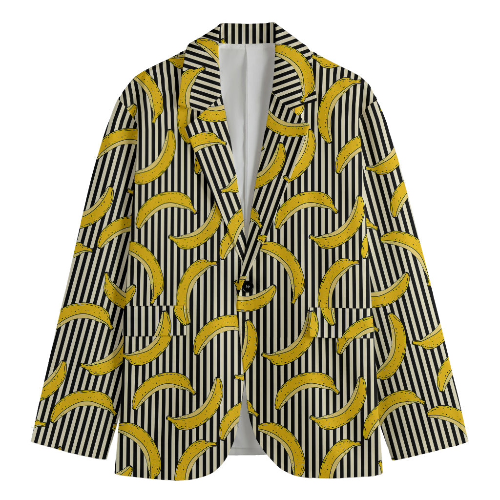 Black Striped Banana Pattern Print Men's Cotton Blazer