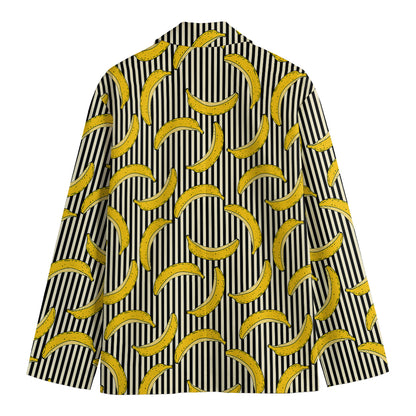 Black Striped Banana Pattern Print Men's Cotton Blazer