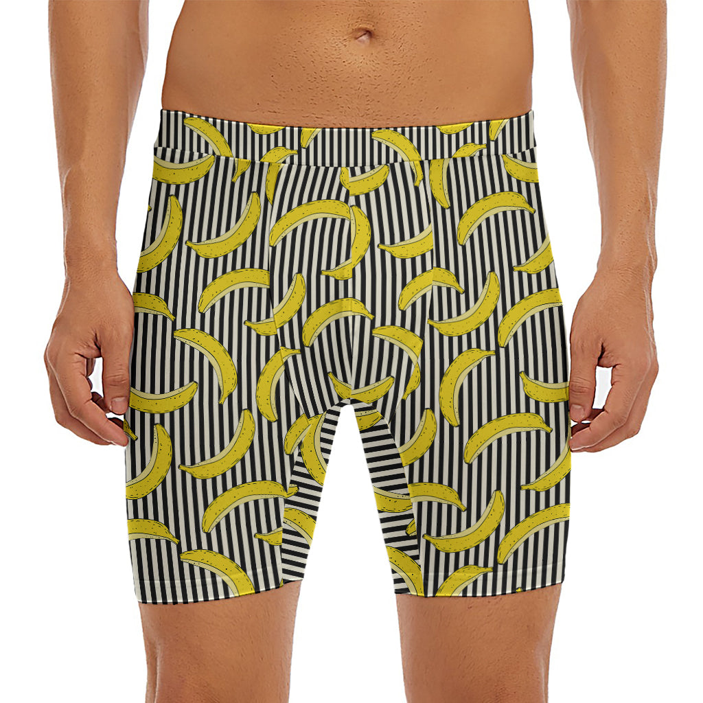 Black Striped Banana Pattern Print Men's Long Boxer Briefs