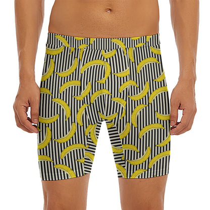 Black Striped Banana Pattern Print Men's Long Boxer Briefs