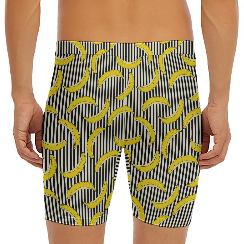 Black Striped Banana Pattern Print Men's Long Boxer Briefs