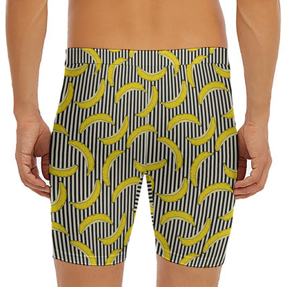 Black Striped Banana Pattern Print Men's Long Boxer Briefs