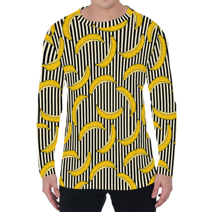 Black Striped Banana Pattern Print Men's Long Sleeve T-Shirt
