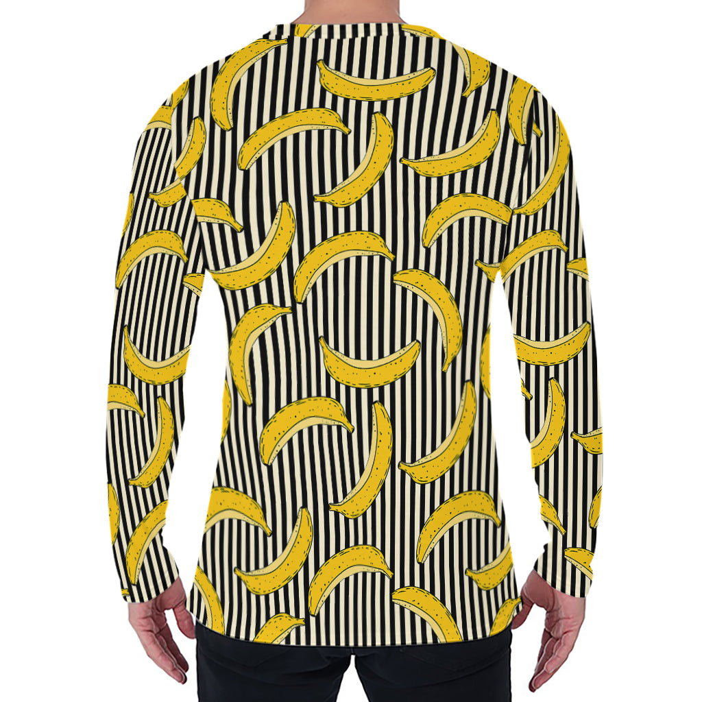 Black Striped Banana Pattern Print Men's Long Sleeve T-Shirt
