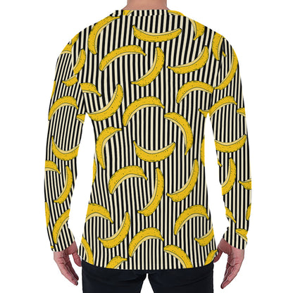 Black Striped Banana Pattern Print Men's Long Sleeve T-Shirt