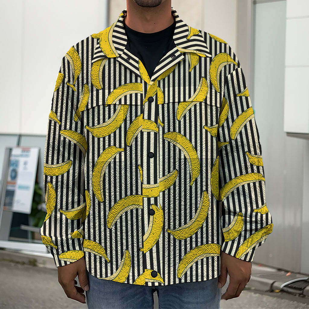 Black Striped Banana Pattern Print Men's Shirt Jacket