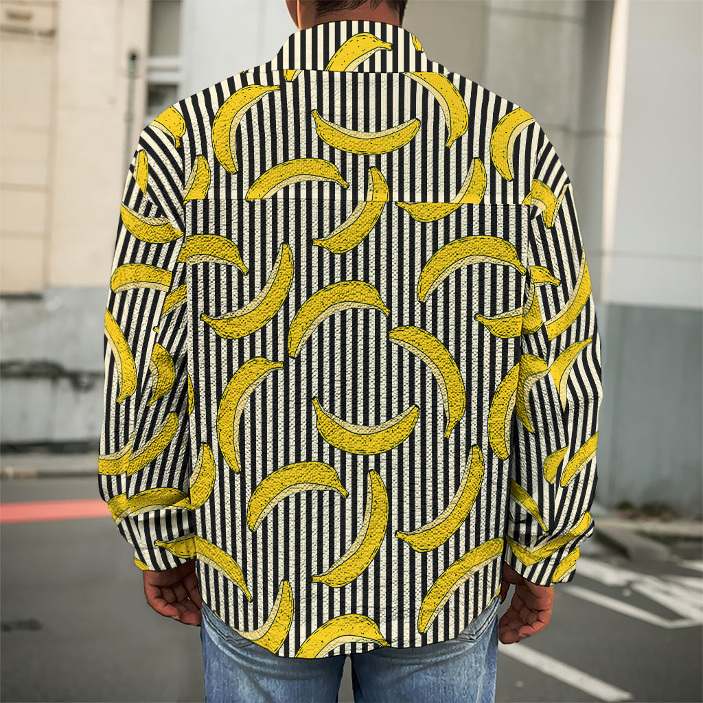 Black Striped Banana Pattern Print Men's Shirt Jacket