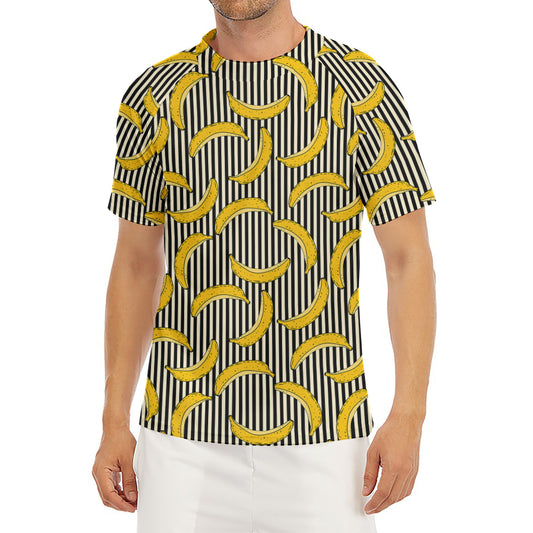 Black Striped Banana Pattern Print Men's Short Sleeve Rash Guard