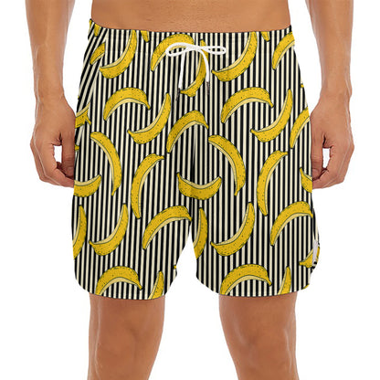 Black Striped Banana Pattern Print Men's Split Running Shorts