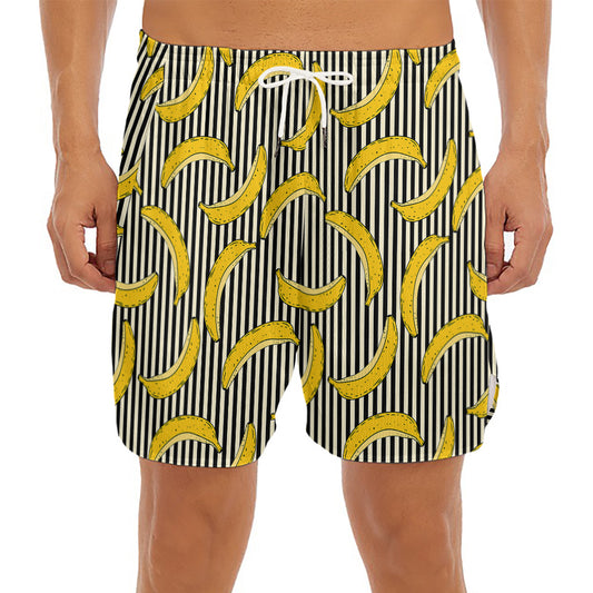 Black Striped Banana Pattern Print Men's Split Running Shorts