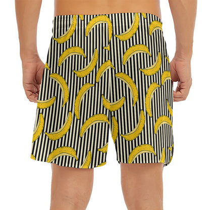 Black Striped Banana Pattern Print Men's Split Running Shorts