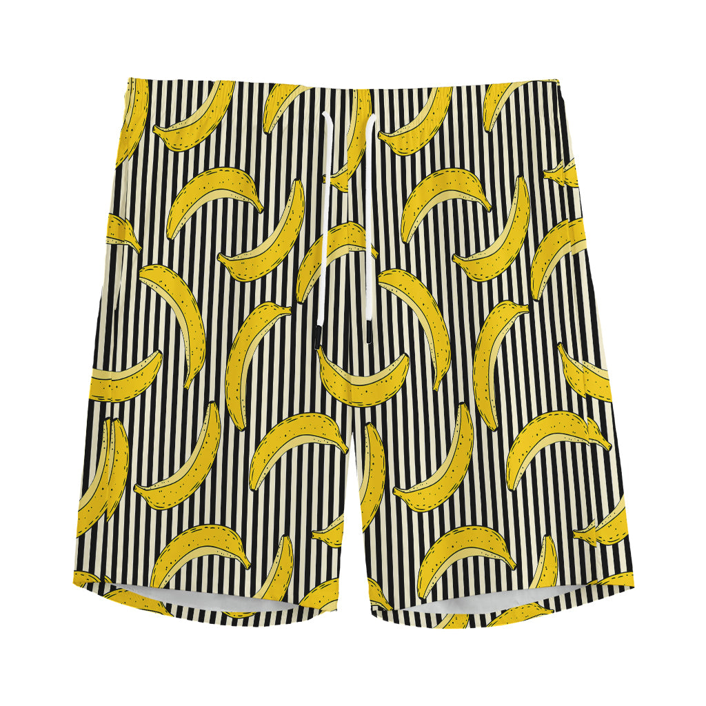 Black Striped Banana Pattern Print Men's Sports Shorts