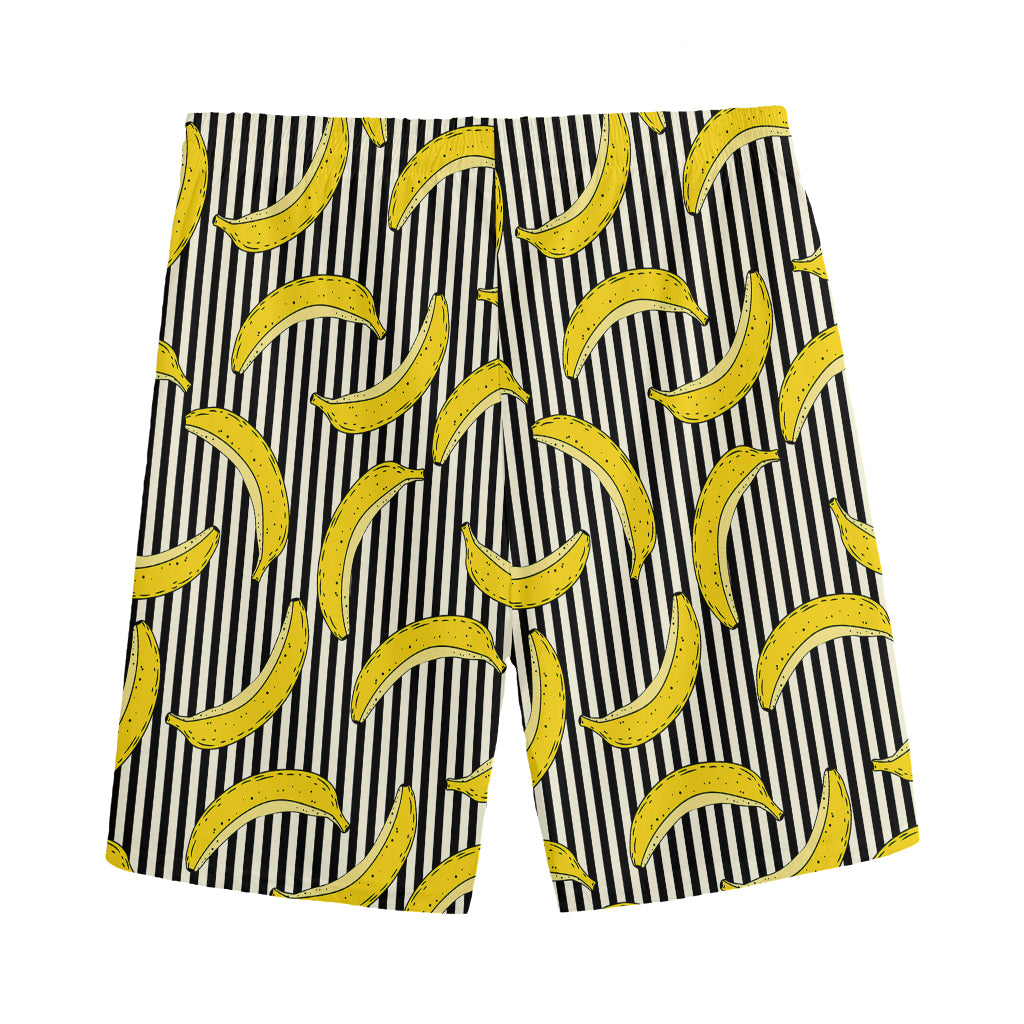 Black Striped Banana Pattern Print Men's Sports Shorts