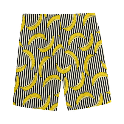 Black Striped Banana Pattern Print Men's Sports Shorts