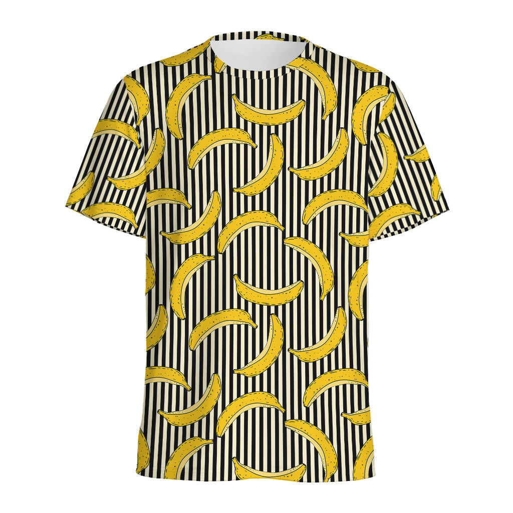 Black Striped Banana Pattern Print Men's Sports T-Shirt