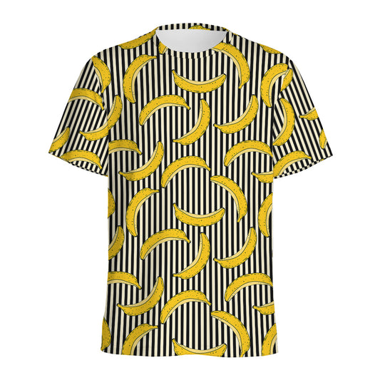 Black Striped Banana Pattern Print Men's Sports T-Shirt