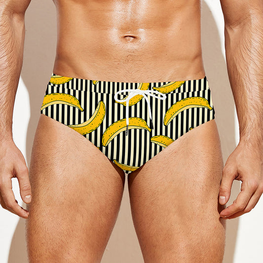Black Striped Banana Pattern Print Men's Swim Briefs