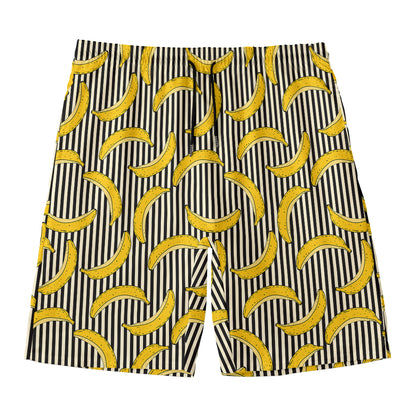 Black Striped Banana Pattern Print Men's Swim Trunks
