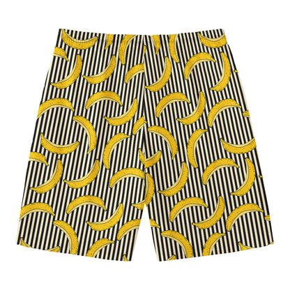 Black Striped Banana Pattern Print Men's Swim Trunks