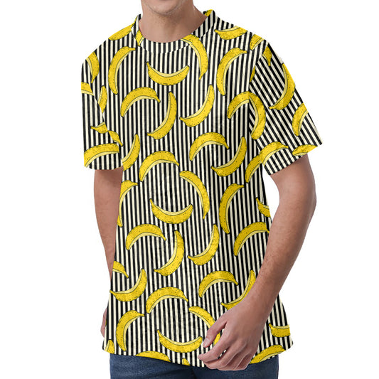Black Striped Banana Pattern Print Men's Velvet T-Shirt