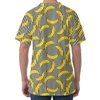 Black Striped Banana Pattern Print Men's Velvet T-Shirt