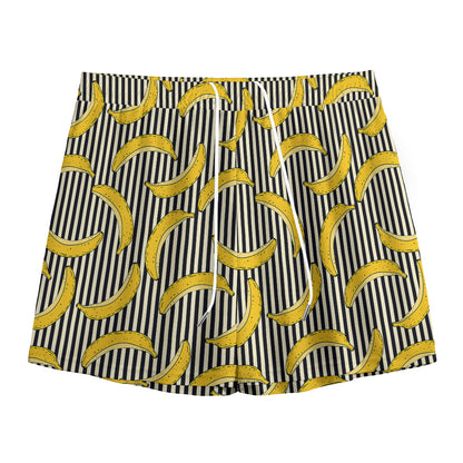 Black Striped Banana Pattern Print Mesh Shorts