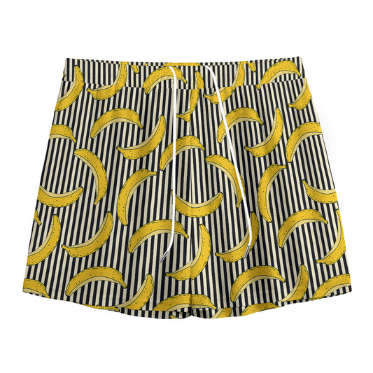 Black Striped Banana Pattern Print Mesh Shorts