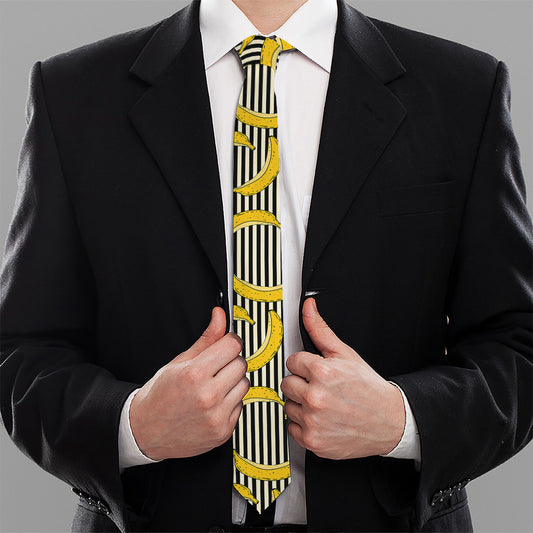 Black Striped Banana Pattern Print Necktie