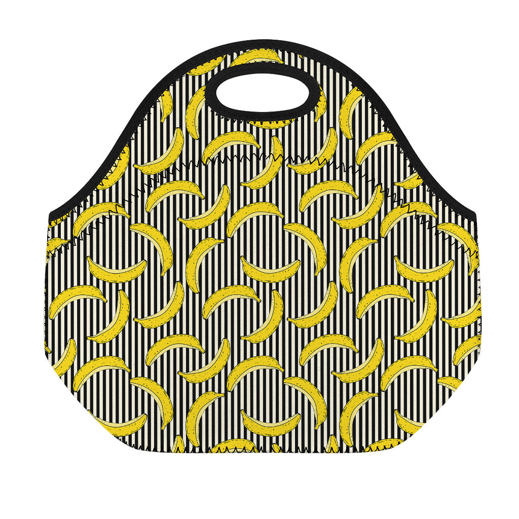 Black Striped Banana Pattern Print Neoprene Lunch Bag