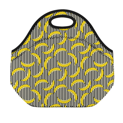 Black Striped Banana Pattern Print Neoprene Lunch Bag