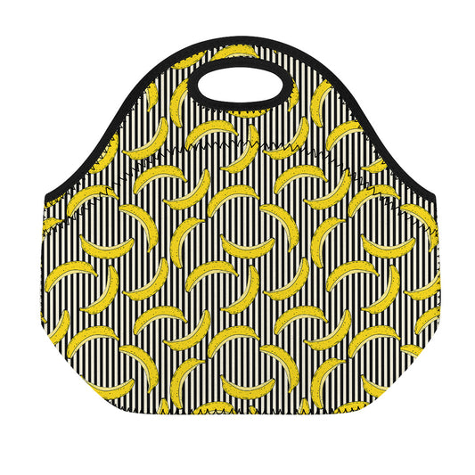 Black Striped Banana Pattern Print Neoprene Lunch Bag